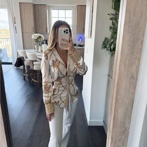 Woven Chain-Print Button-Down Shirt - White/Gold